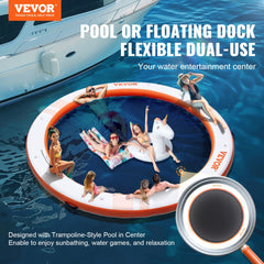 Inflatable Floating Dock, ø8FT Inflatable Dock Platform with ø5FT Trampoline Mesh Pool, Non-Slip Floating Platform Water Mat with Portable Bag & Detachable Ladder for Pool Beach Relaxation