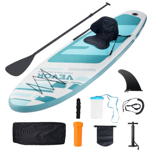 10-foot inflatable paddle board with removable kayak seat and wide non-slip deck.