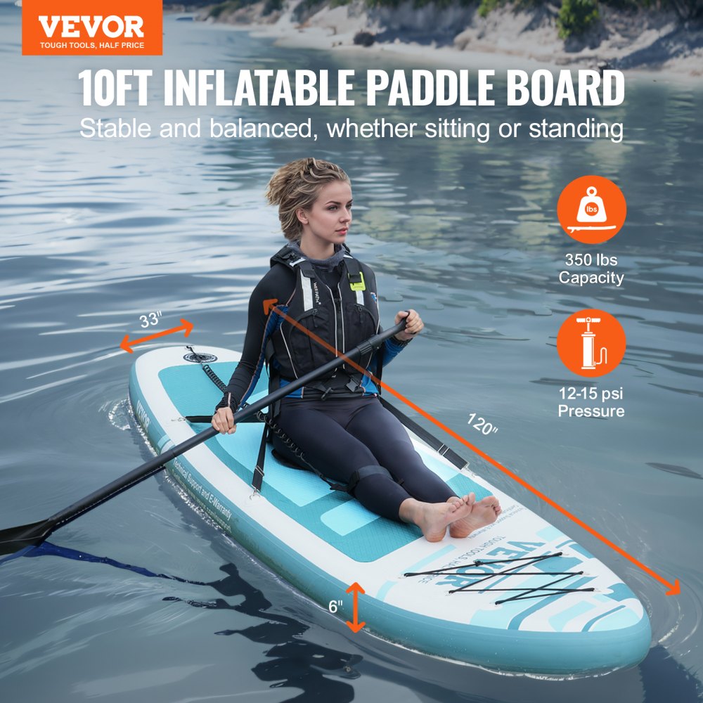 10-foot inflatable paddle board with removable kayak seat and non-slip deck for stability.