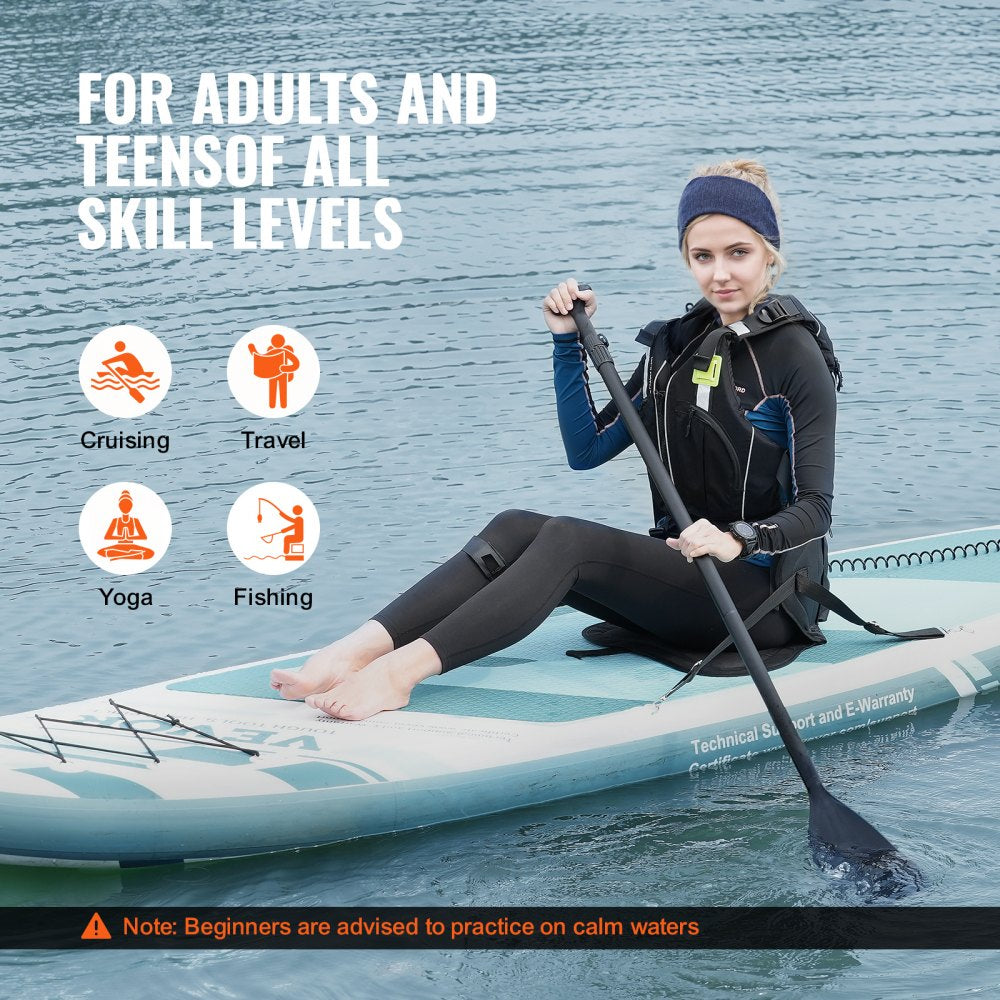 10-foot inflatable paddle board with removable kayak seat and non-slip deck for stability.