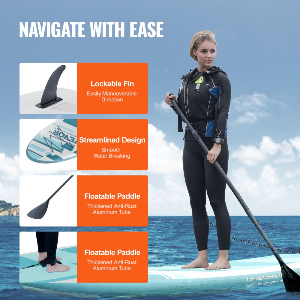 Bostome 11' inflatable stand up paddle board, 33" wide, with a detachable fin and carry handle.