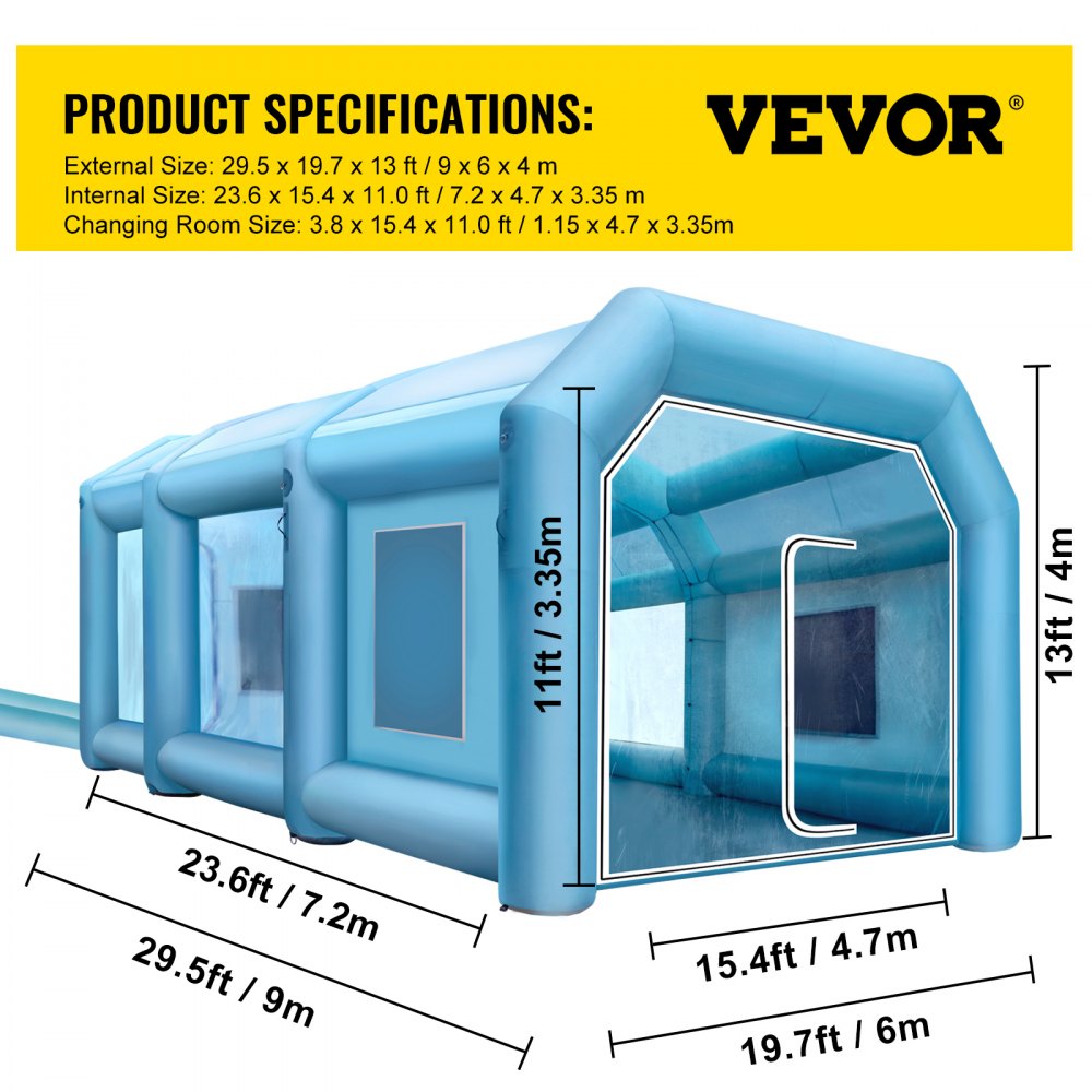 Inflatable Spray Booth Car Paint Tent 29.5x19.7x13FT with Filter 2 Blowers