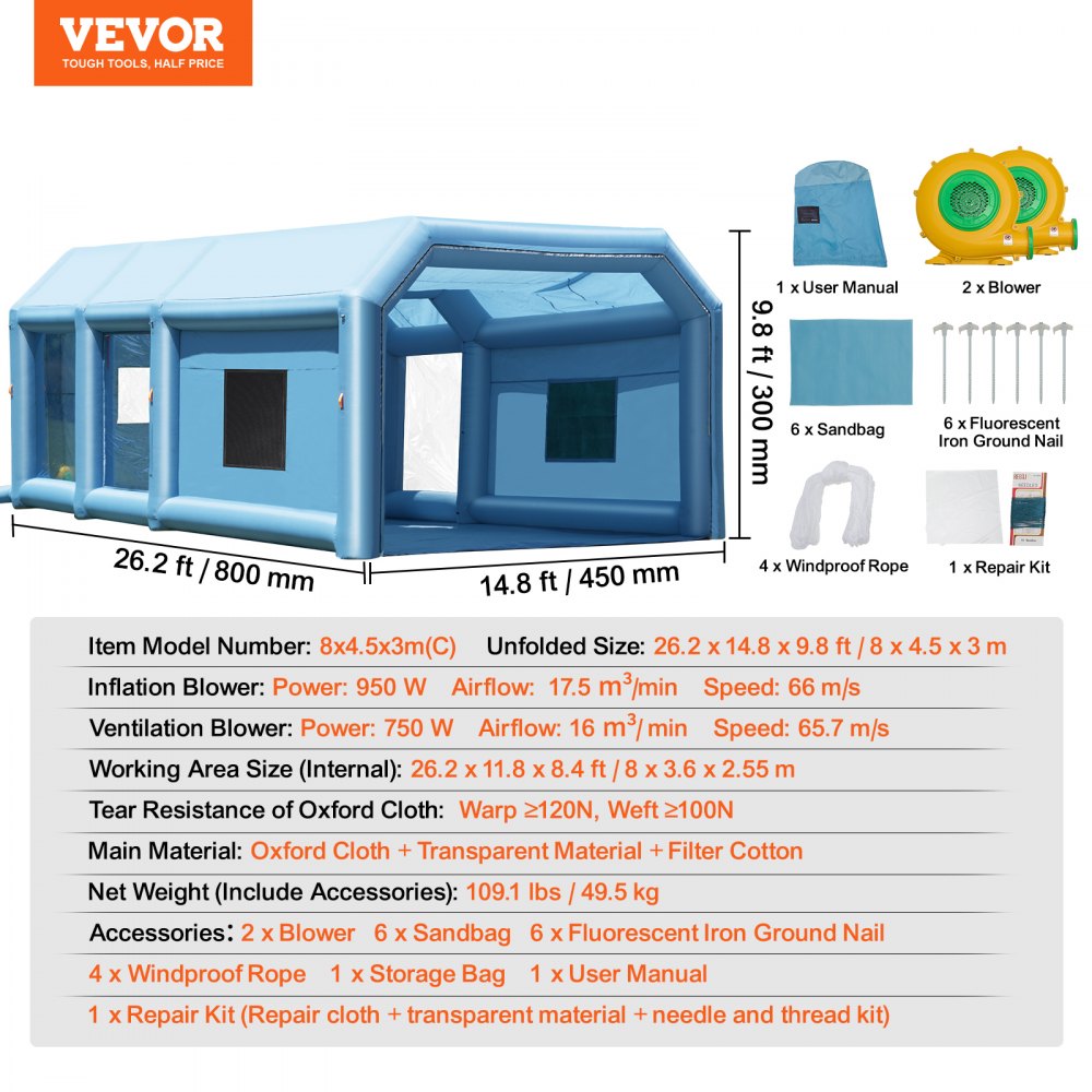 Inflatable Paint Booth, 26.2 x 14.8 x 9.8 ft Inflatable Spray Booth, Portable Car Paint Booth for Small Truck, with 950W+750W Powerful Blowers and Air Filter System, Large Motorcycle, Midsize SU