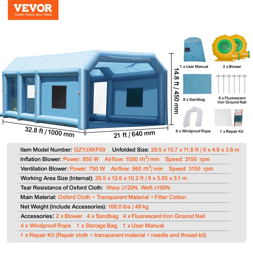 Inflatable Paint Booth, 32.8 x 21 x 14.8 ft Inflatable Spray Booth, with 1100W+750W Powerful Blowers and Air Filter System, Portable Car Paint Booth for Large Truck, Large Van, Large Machinery