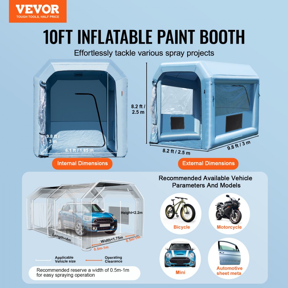 Inflatable Paint Booth, 9.8 x 8.2 x 8.2 ft Inflatable Spray Booth, with 550W Powerful Blower and Air Filter System, Portable Car Paint Booth for Motorcycle, Bicycle, Small Furniture Painting