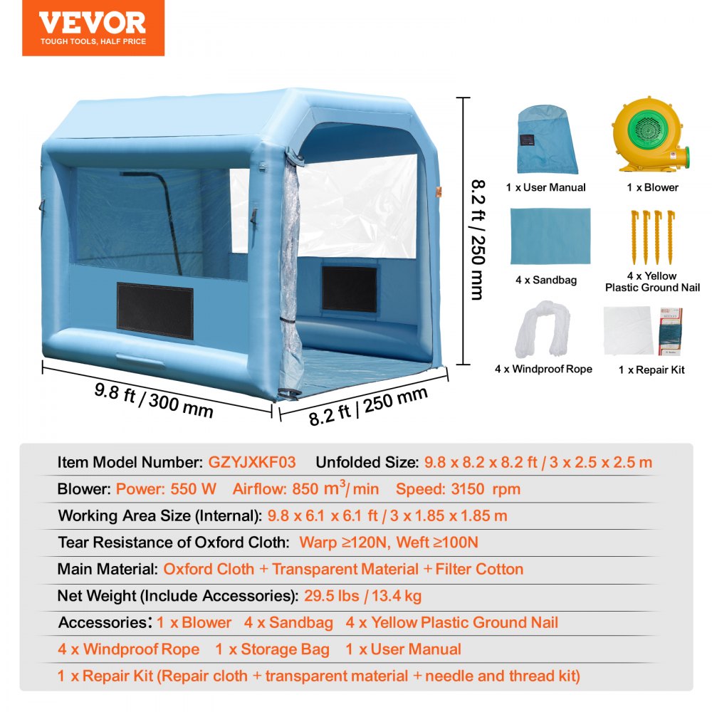 Inflatable Paint Booth, 9.8 x 8.2 x 8.2 ft Inflatable Spray Booth, with 550W Powerful Blower and Air Filter System, Portable Car Paint Booth for Motorcycle, Bicycle, Small Furniture Painting