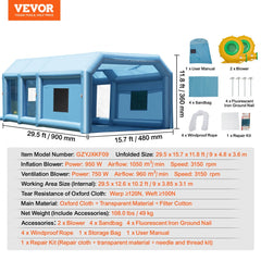 Inflatable Paint Booth, 29.5 x 15.7 x 11.8 ft Inflatable Spray Booth, with 950W+750W Powerful Blowers and Air Filter System, Portable Car Paint Booth for Large Truck, Large Van, Large Machinery