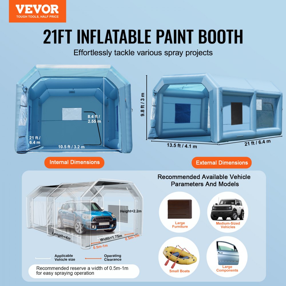 Inflatable Paint Booth, 21 x 13.5 x 9.8 ft Inflatable Spray Booth, with 1100W Powerful Blower and Air Filter System, Large Furniture Painting, Portable Car Paint Booth for Medium-Sized Vehicles