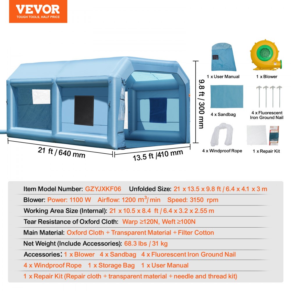 Inflatable Paint Booth, 21 x 13.5 x 9.8 ft Inflatable Spray Booth, with 1100W Powerful Blower and Air Filter System, Large Furniture Painting, Portable Car Paint Booth for Medium-Sized Vehicles