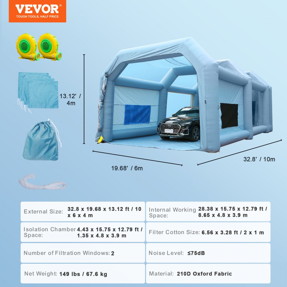 Inflatable Paint Booth, 33x20x13ft Inflatable Spray Booth, High Powerful 950W+1100W Blowers Spray Booth Tent, Car Paint Tent Air Filter System for Car Parking Tent Workstation Motorcycle Garage