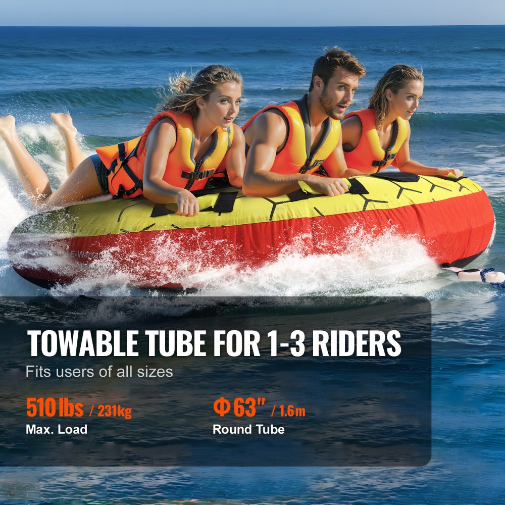 Round towable tube with nylon cover, 63 inches, for 1-3 riders, with cushioned handles.
