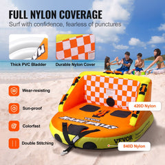 Towable Tube for Boating, 1-2 Riders Inflatable Towable Tubes with Deck Seats and Backrest, 340 lbs Water Sport Tube for Boat to Pull, Full Nylon Cover, EVA Grab Handles and Speed Safety Valve
