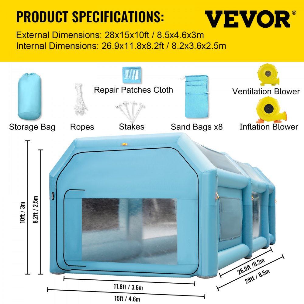 Portable Inflatable Paint Booth, 28x15x10ft Inflatable Spray Booth, Car Paint Tent w/Air Filter System & 2 Blowers, Upgraded Blow Up Spray Booth Tent, Auto Paint Workstation, Car Parking Garage