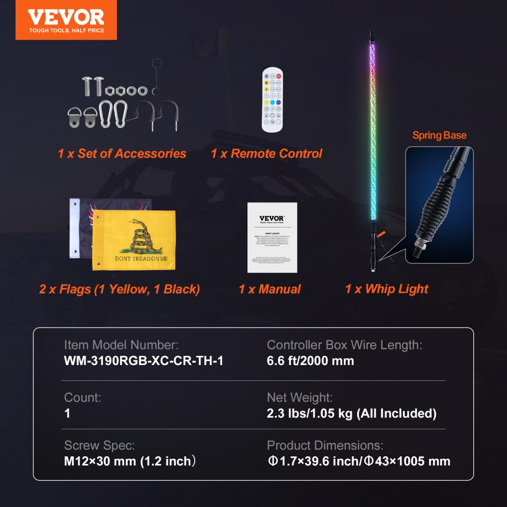 1 PC 3 FT Whip Light with Spring Base, Led Whip Light with APP & Remote Control, Waterproof 360° Spiral RGB Chasing Lighted Whip with 2 Flags, for UTVs, ATVs, Motorcycles, RZR, Can-am, Go-karts