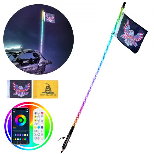 1 PC 3 FT Whip Light, APP & RF Remote Control Led Whip Light, Waterproof 360° Spiral RGB Chasing Lighted Whips with 2 Flags, for UTVs, ATVs, Motorcycles, RZR, Can-am, Trucks, Off-road, Go-karts