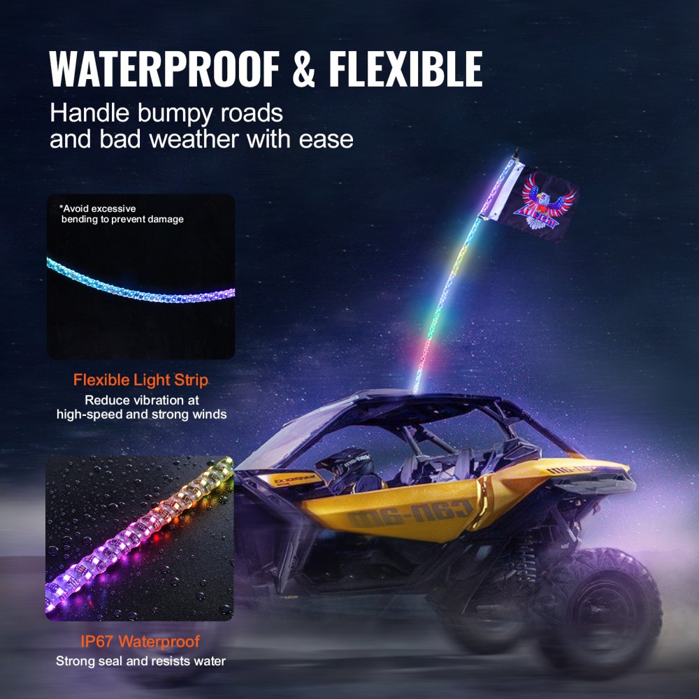 1 PC 3 FT Whip Light, APP & RF Remote Control Led Whip Light, Waterproof 360° Spiral RGB Chasing Lighted Whips with 2 Flags, for UTVs, ATVs, Motorcycles, RZR, Can-am, Trucks, Off-road, Go-karts