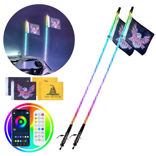 2 PCS 3 FT Whip Light, APP & RF Remote Control Led Whip Light, Waterproof 360° Spiral RGB Chasing Lighted Whips with 4 Flags, for UTVs, ATVs, Motorcycles, RZR, Can-am, Trucks, Off-road, Go-karts