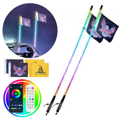 2 PCS 3 FT Whip Light, APP & RF Remote Control Led Whip Light, Waterproof 360° Spiral RGB Chasing Lighted Whips with 4 Flags, for UTVs, ATVs, Motorcycles, RZR, Can-am, Trucks, Off-road, Go-karts