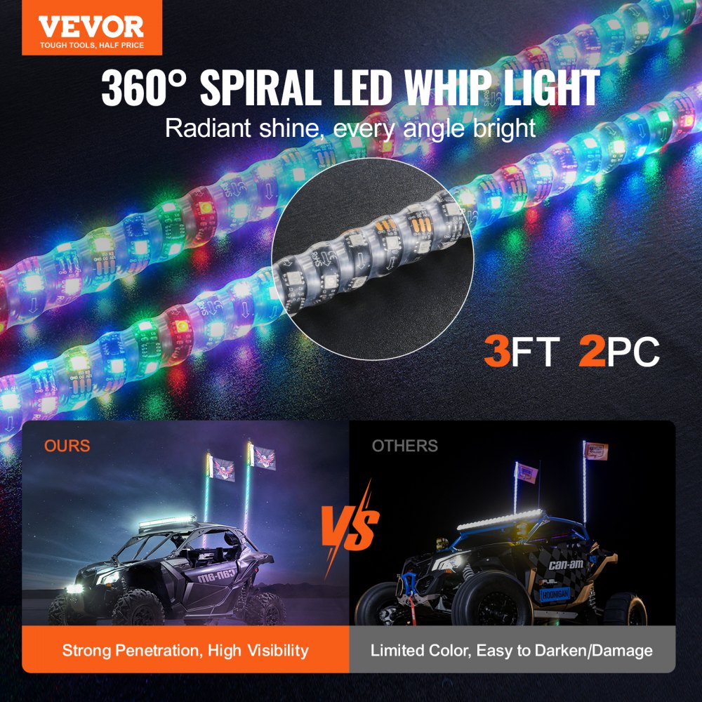 2 PCS 3 FT Whip Light, APP & RF Remote Control Led Whip Light, Waterproof 360° Spiral RGB Chasing Lighted Whips with 4 Flags, for UTVs, ATVs, Motorcycles, RZR, Can-am, Trucks, Off-road, Go-karts