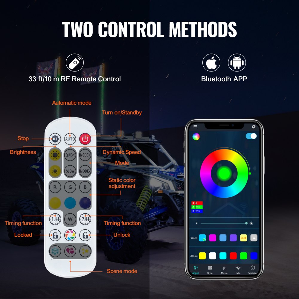 2 PCS 3 FT Whip Light, APP & RF Remote Control Led Whip Light, Waterproof 360° Spiral RGB Chasing Lighted Whips with 4 Flags, for UTVs, ATVs, Motorcycles, RZR, Can-am, Trucks, Off-road, Go-karts