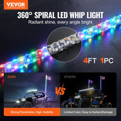 1 PC 4 FT Whip Light, APP & RF Remote Control Led Whip Light, Waterproof 360° Spiral RGB Chasing Lighted Whips with 2 Flags, for UTVs, ATVs, Motorcycles, RZR, Can-am, Trucks, Off-road, Go-karts