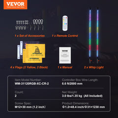 2 PCS 4 FT Whip Light, APP & RF Remote Control Led Whip Light, Waterproof 360° Spiral RGB Chasing Lighted Whips with 4 Flags, for UTVs, ATVs, Motorcycles, RZR, Can-am, Trucks, Off-road, Go-karts