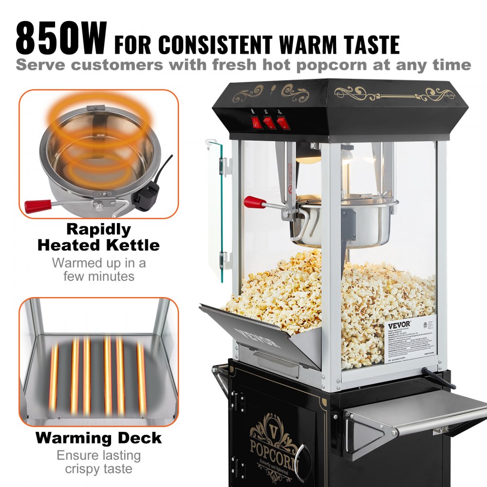 Popcorn Popper Machine with Cart  Popcorn Maker 850W 8 Oz 48 Cups Black