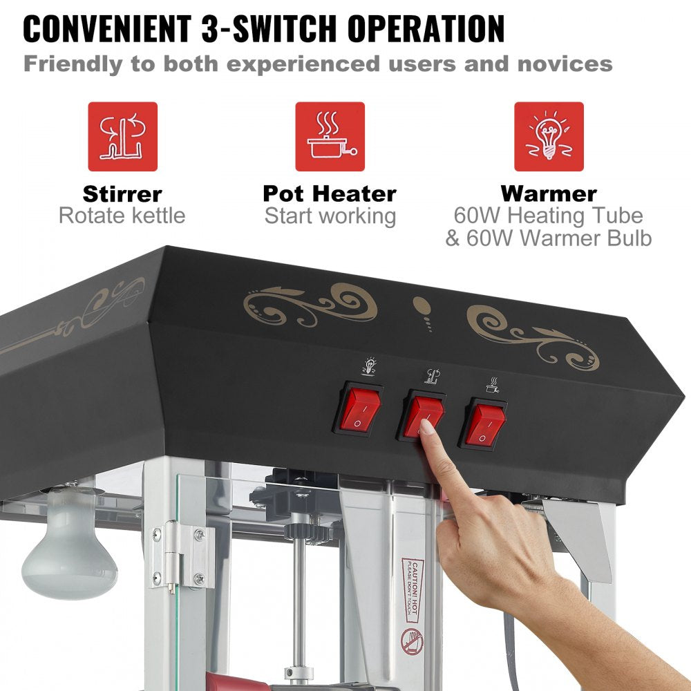 Popcorn Popper Machine with Cart  Popcorn Maker 850W 8 Oz 48 Cups Black