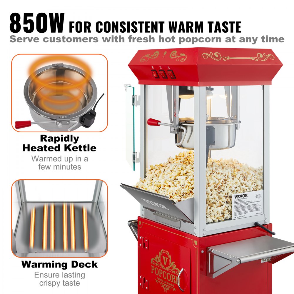 Popcorn Popper Machine 8 Oz Popcorn Maker with Cart 850W 48 Cups Red