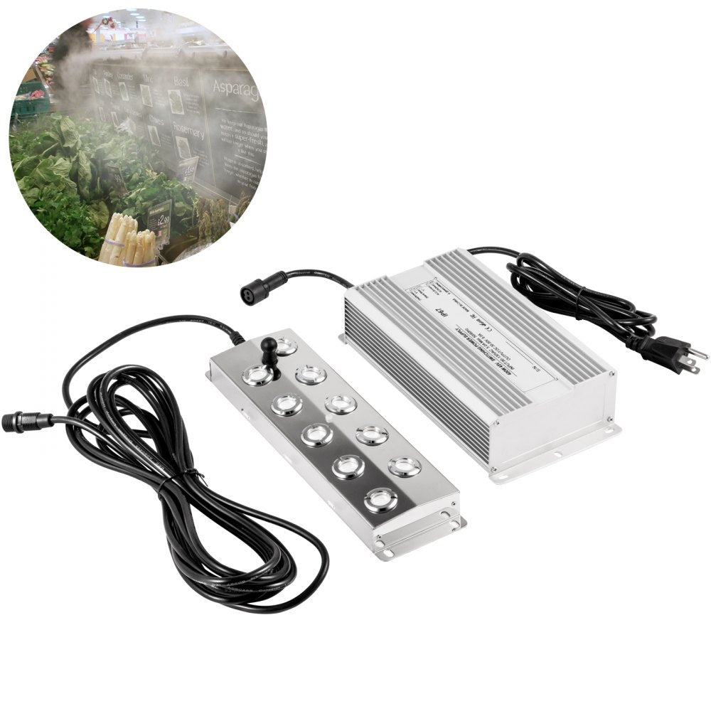 Mist Maker Fogger 10 Head Ultrasonic Mist Fogger with Waterproof Power Supply Ultrasonic Fogger Humidifier Stainless Steel Pond Mister Fogger 5kg/h