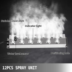 Mist Maker 12 Head Ultrasonic Mist Fogger with Waterproof Power Supply Ultrasonic Fogger Humidifier Stainless Steel Pond Mister Fogger 7kg/h