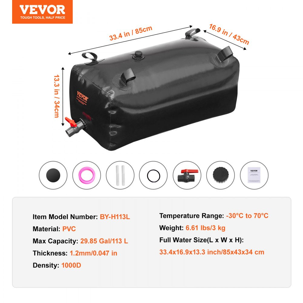 Portable Water Storage Bladder 29.9 Gal PVC Collapsible Water Tank Black