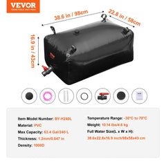Portable Water Storage Bladder 63.4 Gal PVC Collapsible Water Tank Black