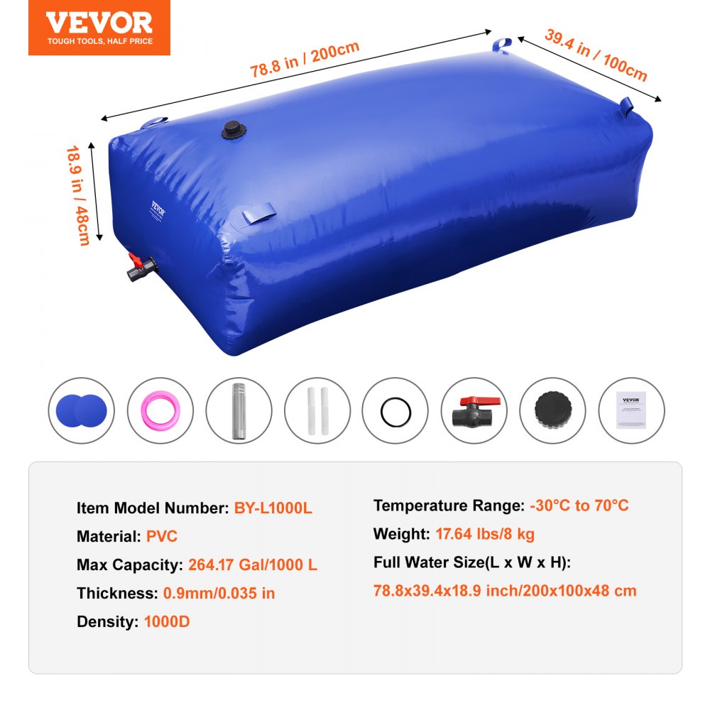 1000L/264 Gallon Water Storage Bladder, RV Water Tank, 1000D Blue PVC Collapsible Water Storage Containers, Large Capacity Soft Water Bag, Portable Water Bladder, Fire Prevention, Camping