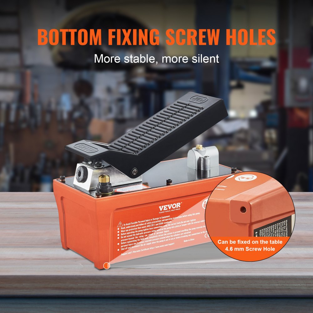 Foot actuated air hydraulic pump with 6.6 ft pipe and non-slip base for stability.