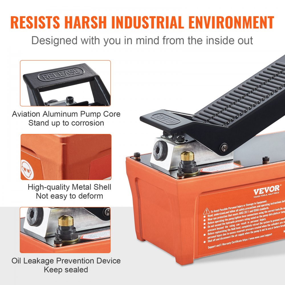 Foot actuated air hydraulic pump with 6.6 ft oil pipe and non-slip base for stability.