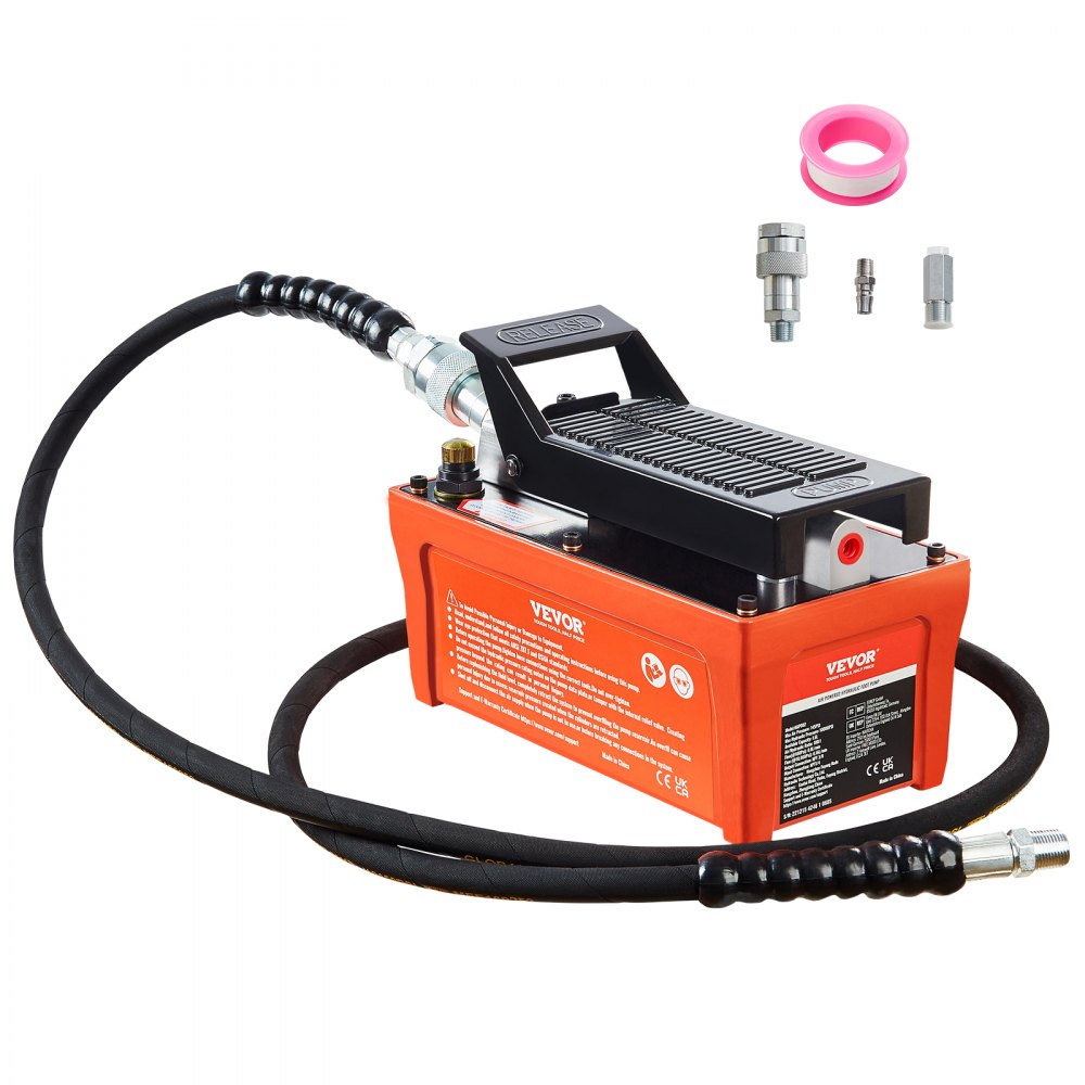 Bostome Air Hydraulic Pump with foot actuation and 6.6 ft oil pipe for hands-free operation.