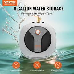 Bostome 8-gallon electric mini-tank water heater in stainless steel with LED display and knob controls.
