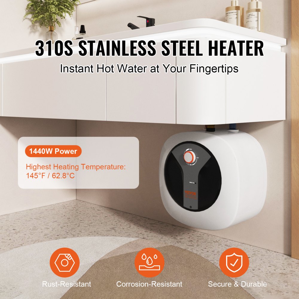 Bostome 8-gallon electric mini-tank water heater in stainless steel with LED display and knob controls.