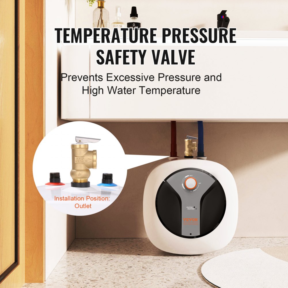 Stainless steel 8-gallon electric mini-tank water heater with LED display and knob controls.
