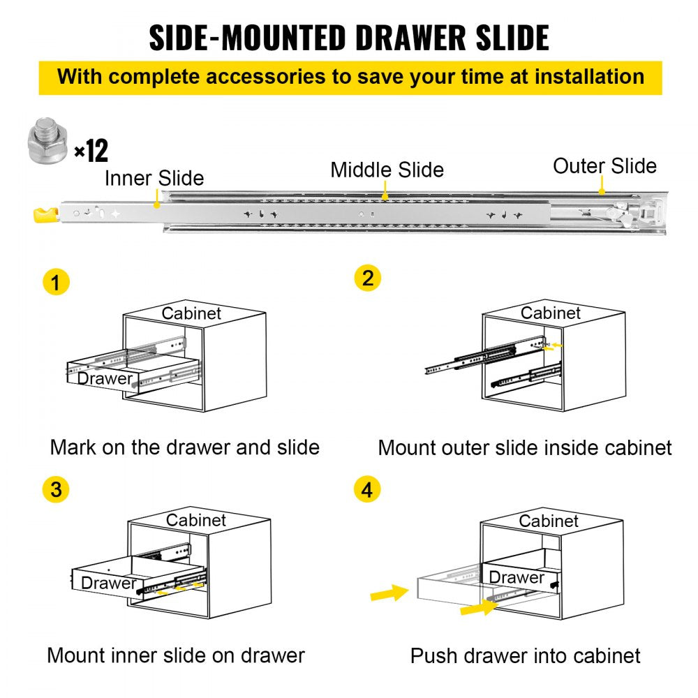 Heavy Duty Drawer Slides 2PCS Drawer Slides 36" Locking Drawer Slides 250LBS Capacity Heavy Duty Slides Three Section Full Extension Drawer Slide Cold-Rolled Steel Industrial Drawer Slides
