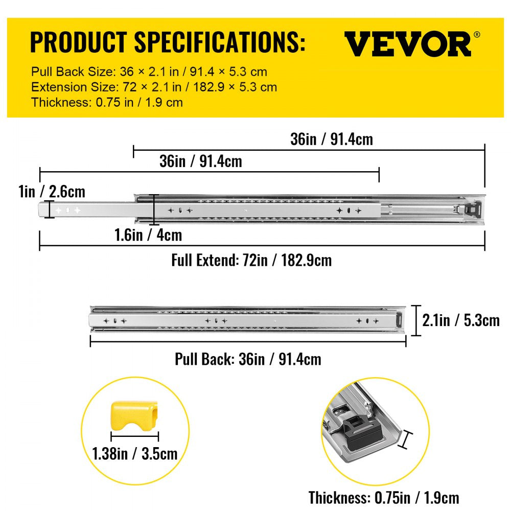 Heavy Duty Drawer Slides 2PCS Drawer Slides 36" Locking Drawer Slides 250LBS Capacity Heavy Duty Slides Three Section Full Extension Drawer Slide Cold-Rolled Steel Industrial Drawer Slides