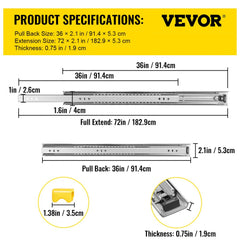 Heavy Duty Drawer Slides 2PCS Drawer Slides 36" Locking Drawer Slides 250LBS Capacity Heavy Duty Slides Three Section Full Extension Drawer Slide Cold-Rolled Steel Industrial Drawer Slides