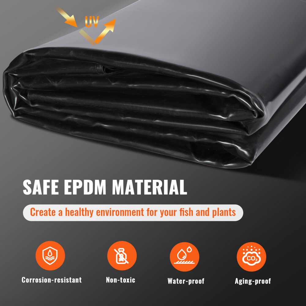 Pond Liner, 20 x 25 ft 45 Mil Thick, Pliable EPDM Material Pond Skins, Easy Cutting Underlayment for Fish or Koi Pond, Waterfall Base, Water Features, Water Gardens, Fountains, Black