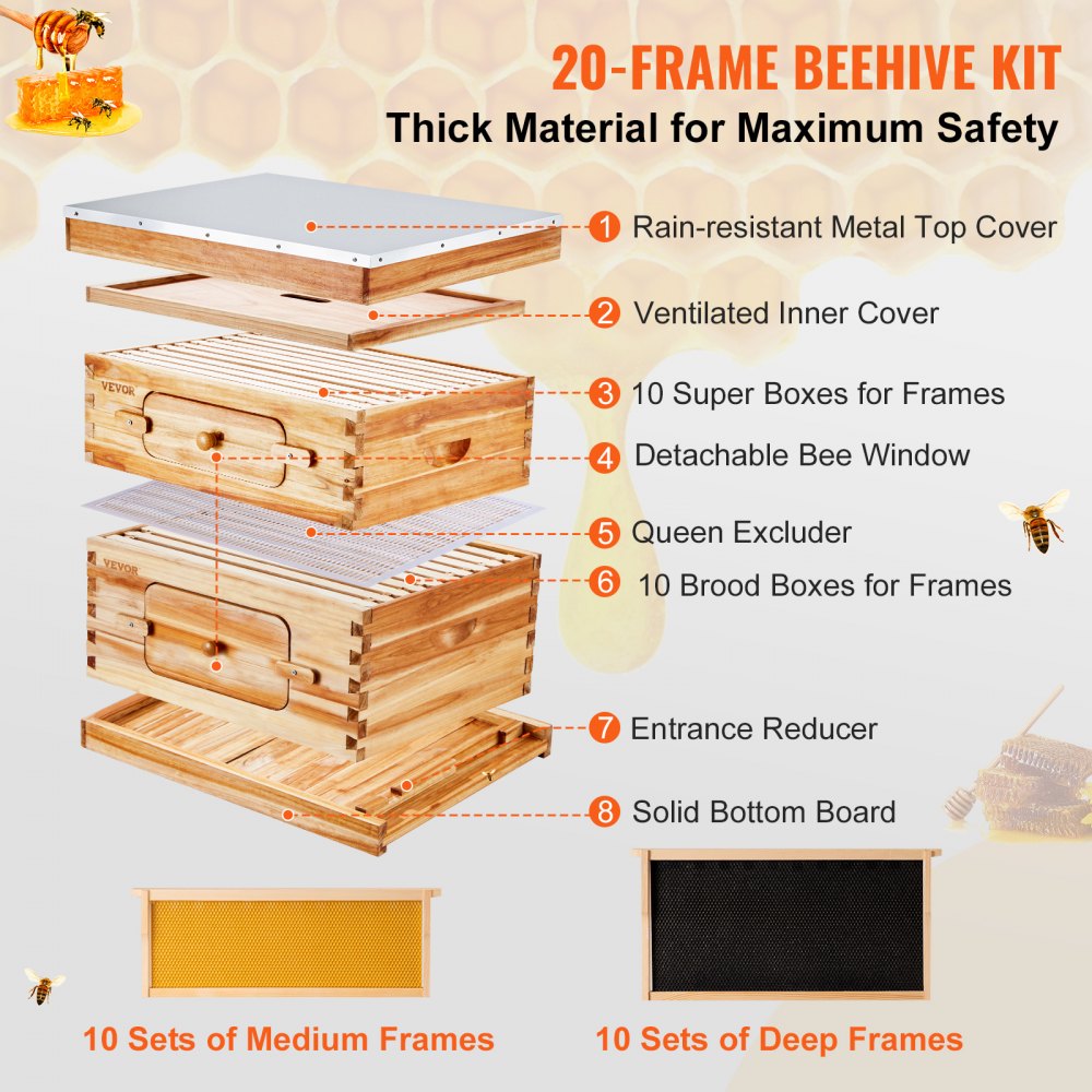 Cedar wood Langstroth beehive kit with beeswax coating and transparent acrylic windows.