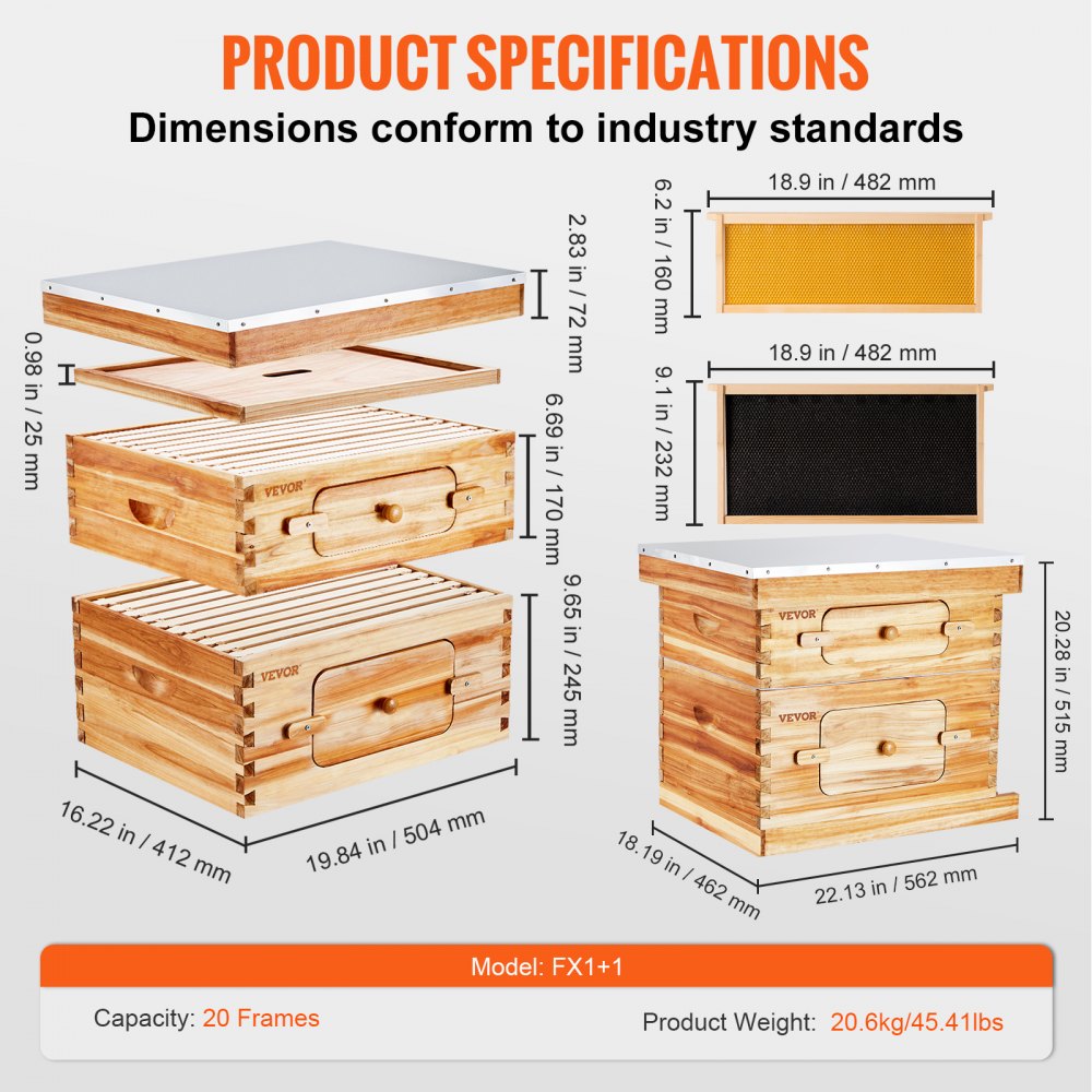 Cedar wood Langstroth beehive kit with beeswax coating and transparent acrylic windows.