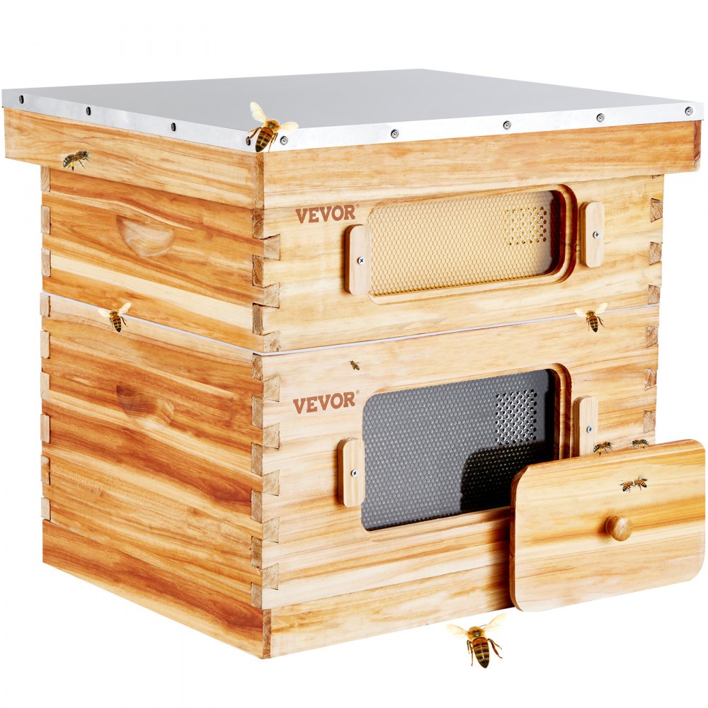 Cedar wood Langstroth beehive kit with beeswax coating and transparent acrylic windows.