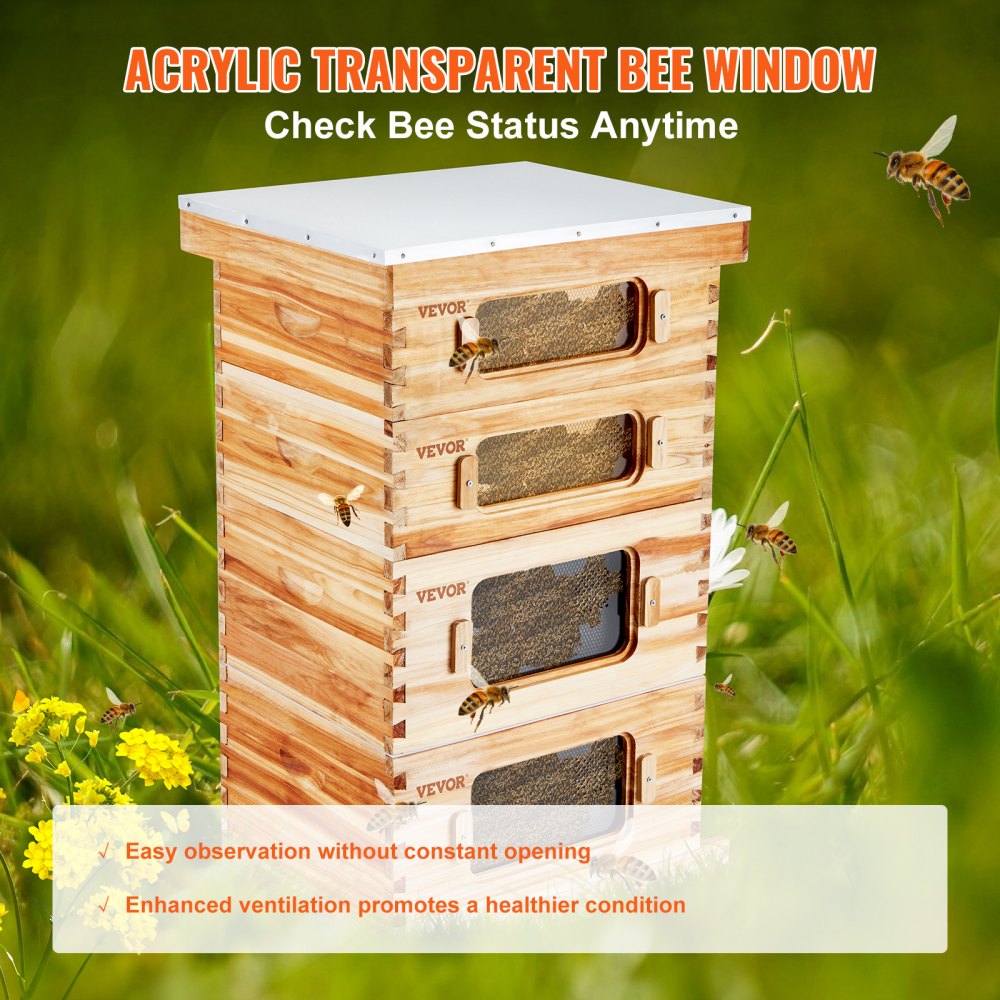 Cedar wood beehive kit with beeswax coating, featuring transparent windows and ventilation ports.
