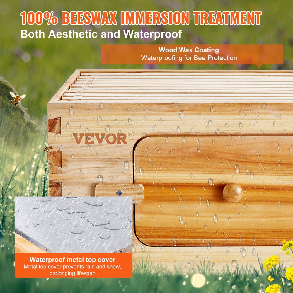 Cedar wood beehive kit with 40 frames, beeswax coating, and transparent windows for monitoring.