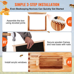 Cedar wood beehive kit with 40 frames, beeswax coating, and transparent windows for monitoring.